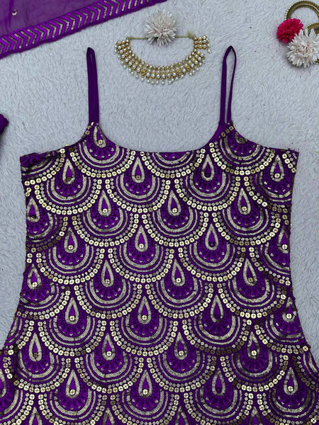 Violet Color Designer Georgette Sequence Ready Made Sharara Suit