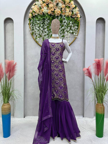 Violet Color Designer Georgette Sequence Ready Made Sharara Suit