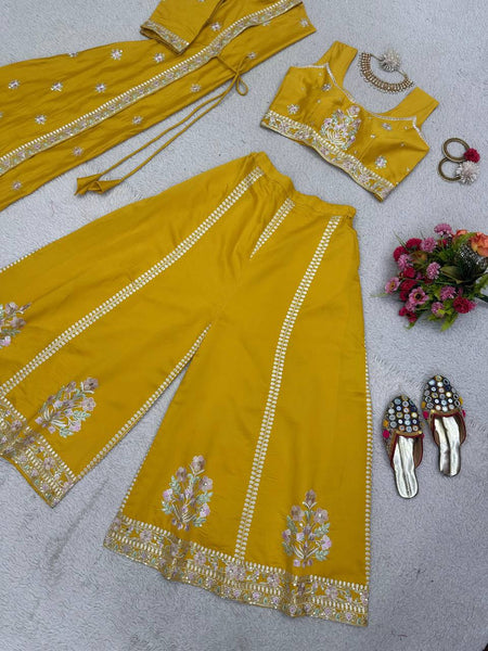 Elegant Yellow Color Muslin Sequence Work Indo Wesern Suit