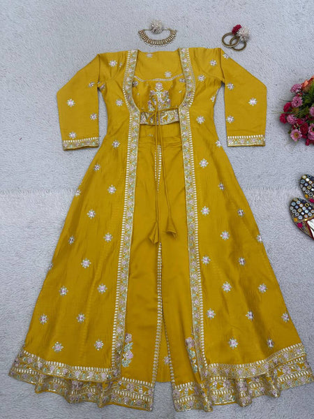 Elegant Yellow Color Muslin Sequence Work Indo Wesern Suit