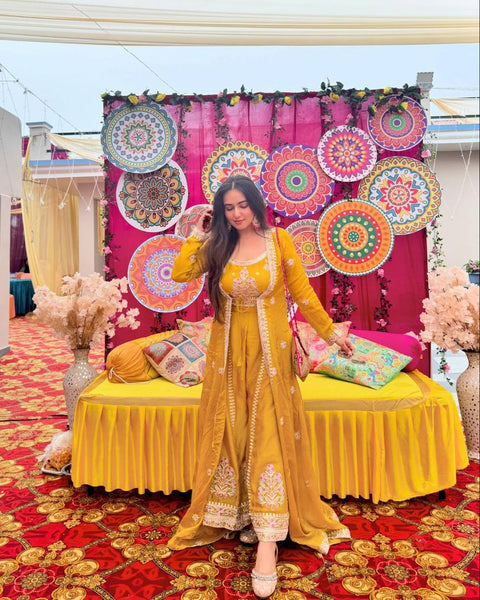 Elegant Yellow Color Muslin Sequence Work Indo Wesern Suit