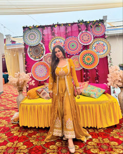 Elegant Yellow Color Muslin Sequence Work Indo Wesern Suit