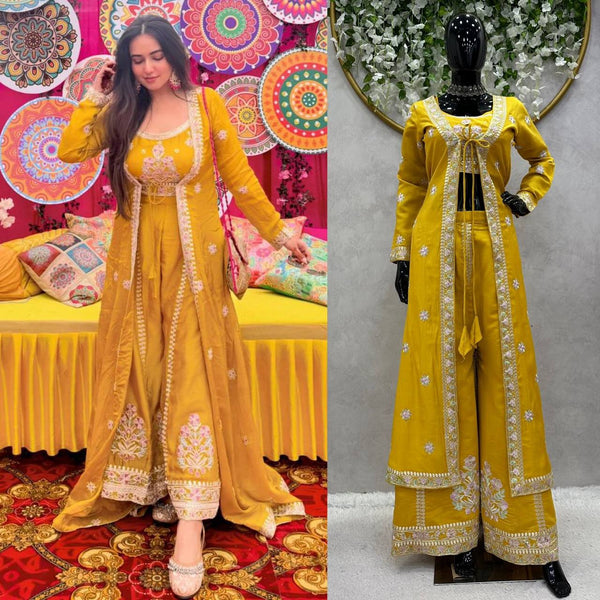 Elegant Yellow Color Muslin Sequence Work Indo Wesern Suit