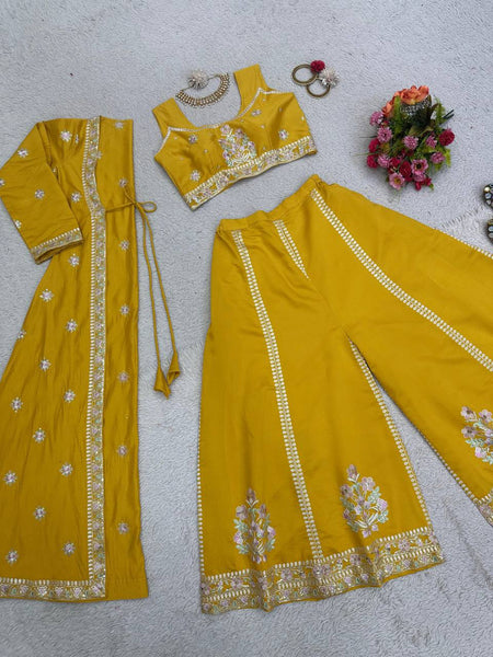 Elegant Yellow Color Muslin Sequence Work Indo Wesern Suit