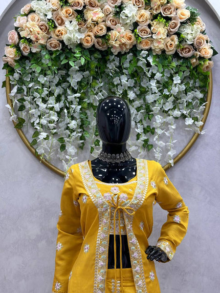 Elegant Yellow Color Muslin Sequence Work Indo Wesern Suit