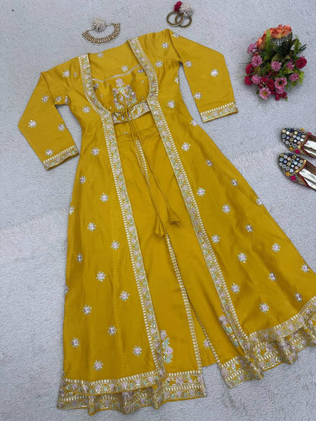 Elegant Yellow Color Muslin Sequence Work Indo Wesern Suit