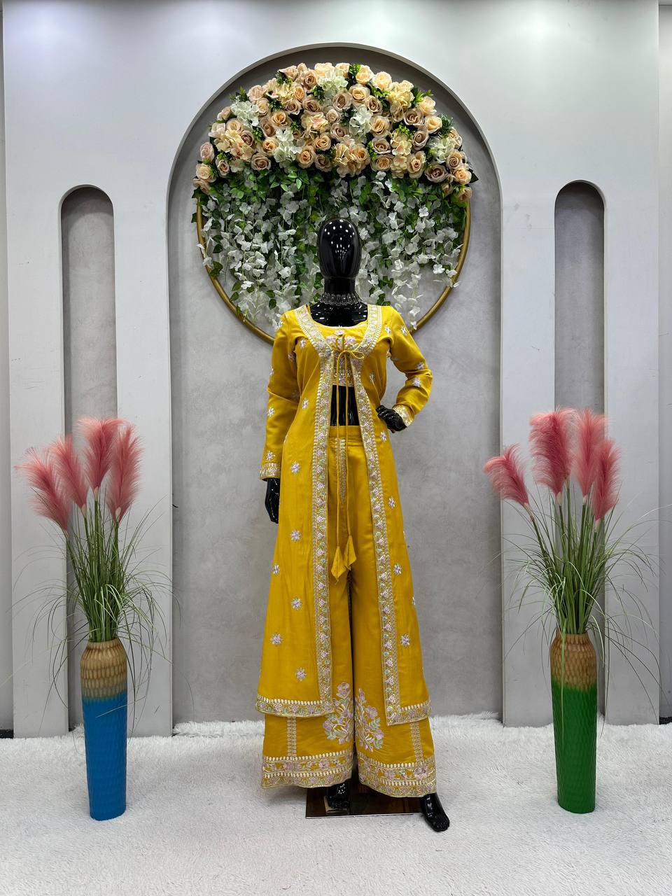 Elegant Yellow Color Muslin Sequence Work Indo Wesern Suit