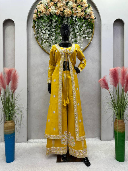 Elegant Yellow Color Muslin Sequence Work Indo Wesern Suit