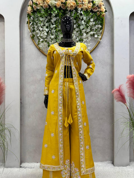 Elegant Yellow Color Muslin Sequence Work Indo Wesern Suit