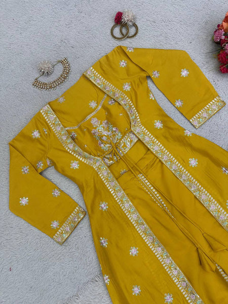 Elegant Yellow Color Muslin Sequence Work Indo Wesern Suit