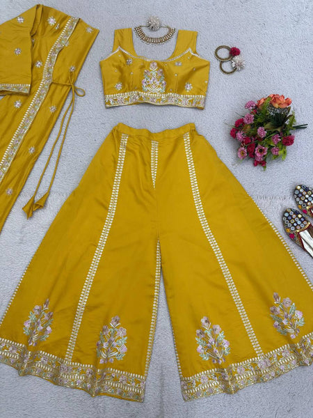 Elegant Yellow Color Muslin Sequence Work Indo Wesern Suit