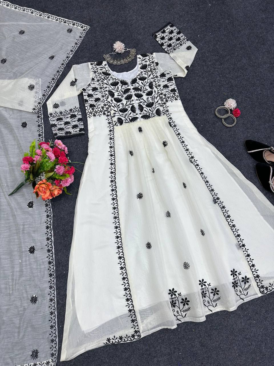 Trendy White Color Thread Sequence Work Chanderi Ready Made Gown Duppata