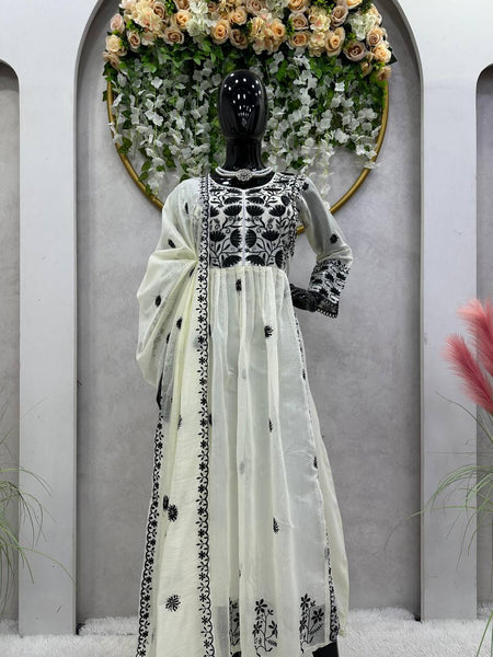 Trendy White Color Thread Sequence Work Chanderi Ready Made Gown Duppata