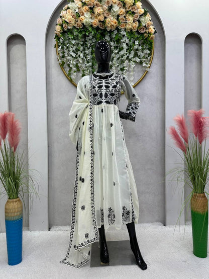 Trendy White Color Thread Sequence Work Chanderi Ready Made Gown Duppata