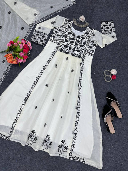 Trendy White Color Thread Sequence Work Chanderi Ready Made Gown Duppata