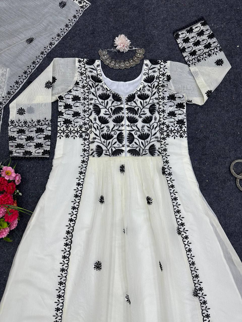 Trendy White Color Thread Sequence Work Chanderi Ready Made Gown Duppata
