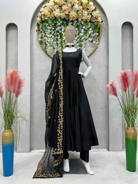 Elegant Black Color Ready Made Chinon Silk Party Wear Salwar Suit