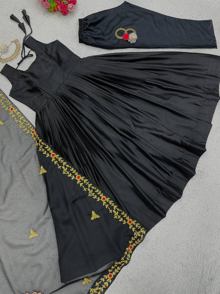 Elegant Black Color Ready Made Chinon Silk Party Wear Salwar Suit