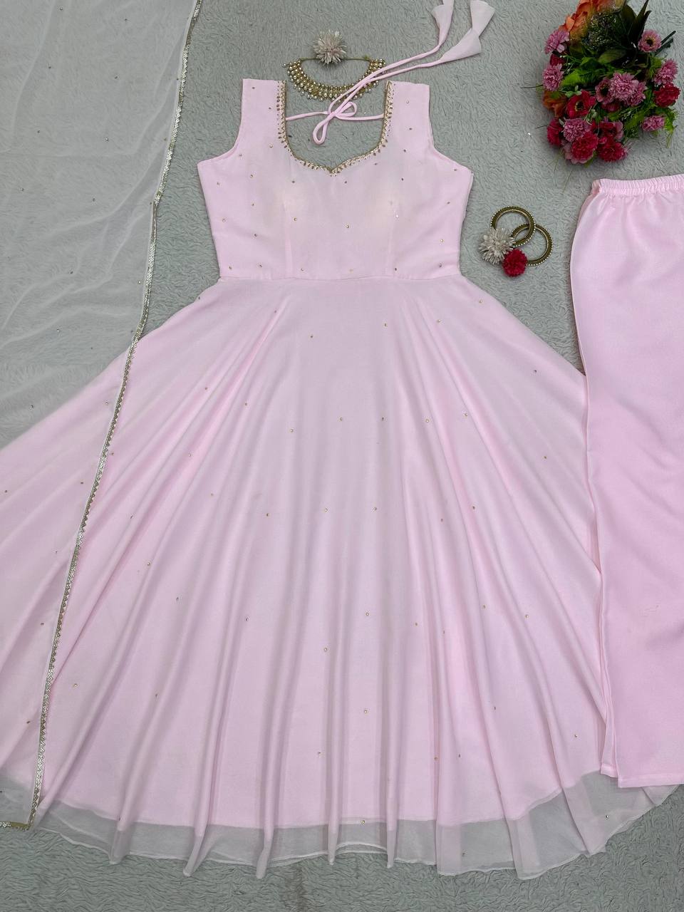 Designer Pink Color Georgette Diamond Work Ready Made Salwar Suit