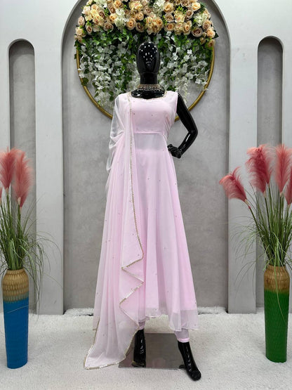 Designer Pink Color Georgette Diamond Work Ready Made Salwar Suit