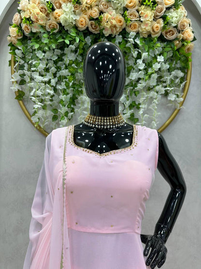 Designer Pink Color Georgette Diamond Work Ready Made Salwar Suit