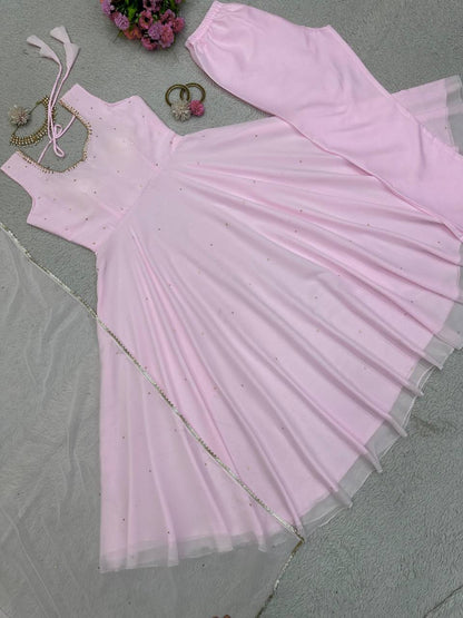 Designer Pink Color Georgette Diamond Work Ready Made Salwar Suit
