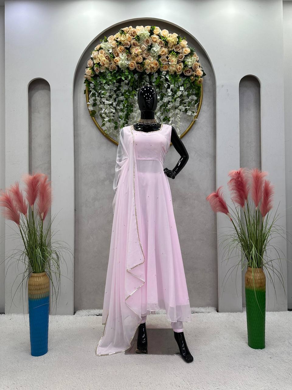 Designer Pink Color Georgette Diamond Work Ready Made Salwar Suit