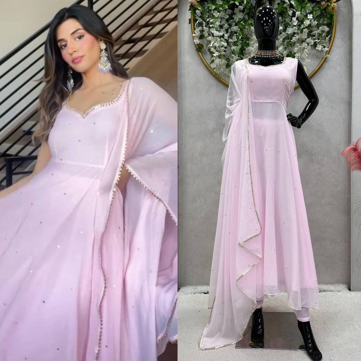 Designer Pink Color Georgette Diamond Work Ready Made Salwar Suit