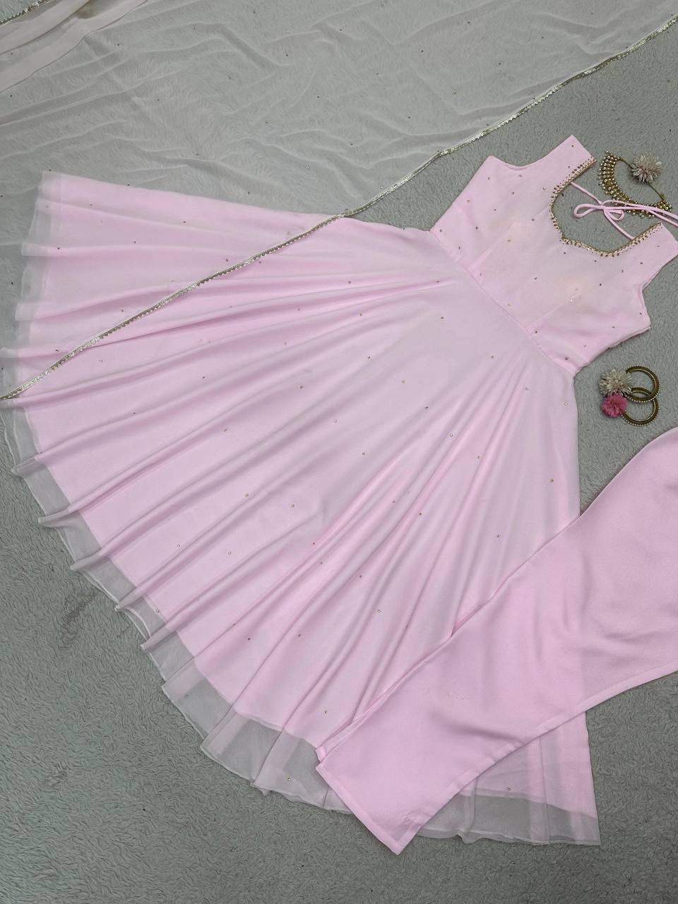 Designer Pink Color Georgette Diamond Work Ready Made Salwar Suit