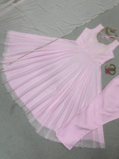 Designer Pink Color Georgette Diamond Work Ready Made Salwar Suit