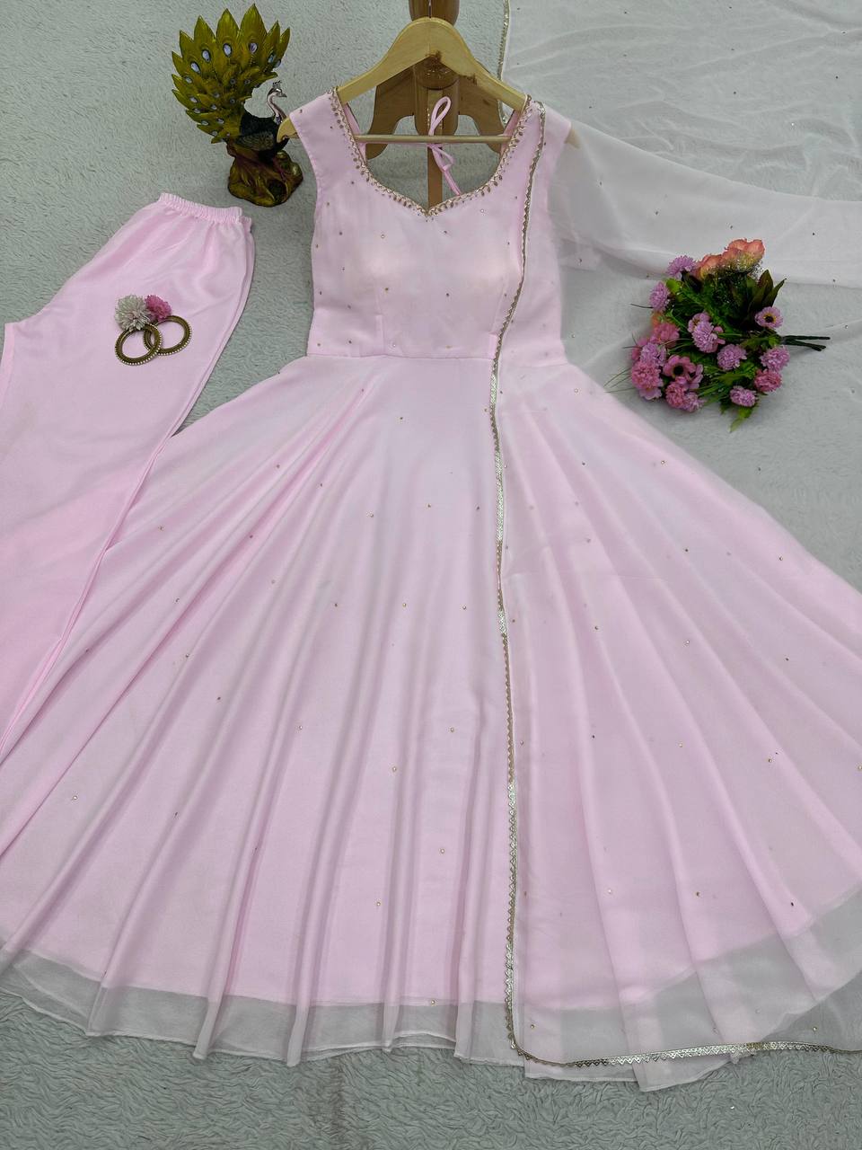Designer Pink Color Georgette Diamond Work Ready Made Salwar Suit