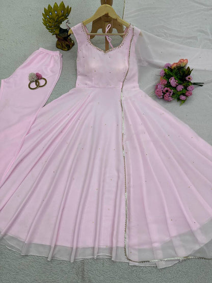 Designer Pink Color Georgette Diamond Work Ready Made Salwar Suit