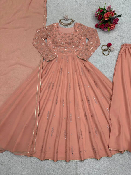Designer Peach Color Georgette Sequence Work Salwar Suit