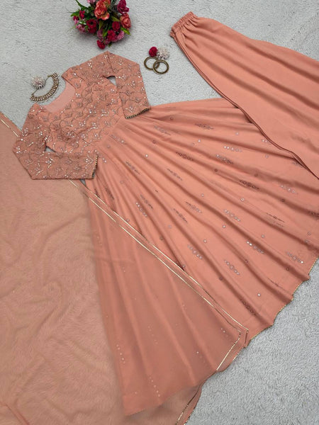 Designer Peach Color Georgette Sequence Work Salwar Suit