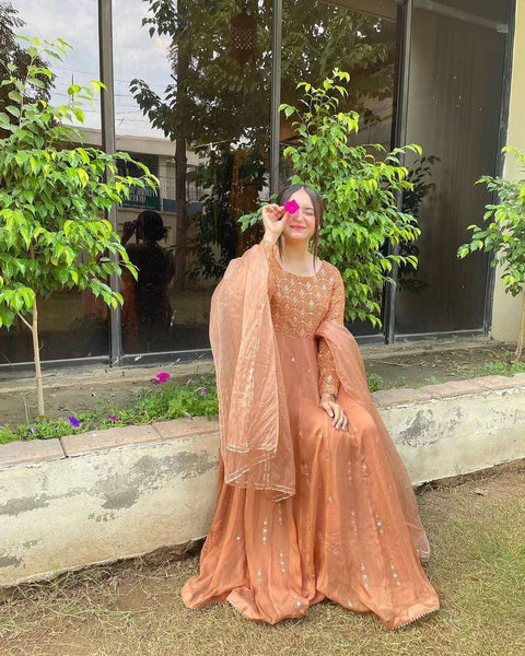 Designer Peach Color Georgette Sequence Work Salwar Suit