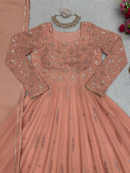 Designer Peach Color Georgette Sequence Work Salwar Suit