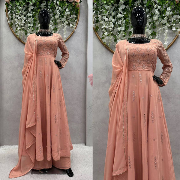 Designer Peach Color Georgette Sequence Work Salwar Suit