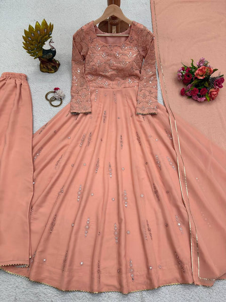 Designer Peach Color Georgette Sequence Work Salwar Suit
