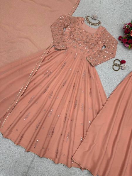 Designer Peach Color Georgette Sequence Work Salwar Suit