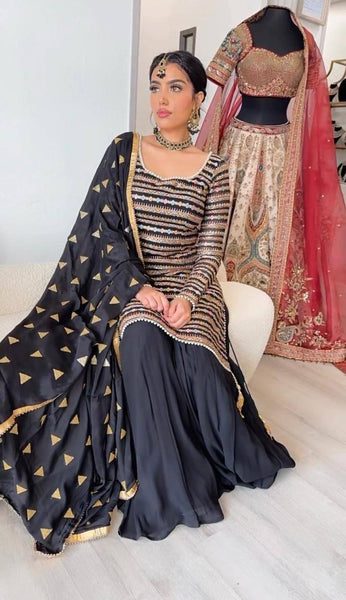 Graceful Black Color Chinon Silk Sequence Ready Made Salwar Suit