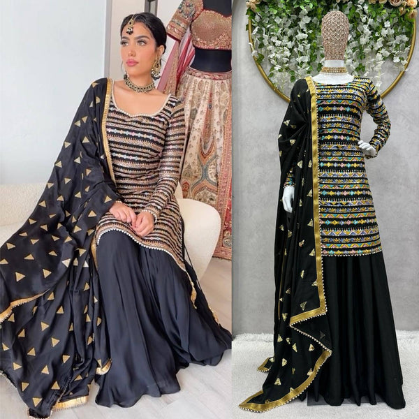 Graceful Black Color Chinon Silk Sequence Ready Made Salwar Suit