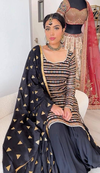 Graceful Black Color Chinon Silk Sequence Ready Made Salwar Suit