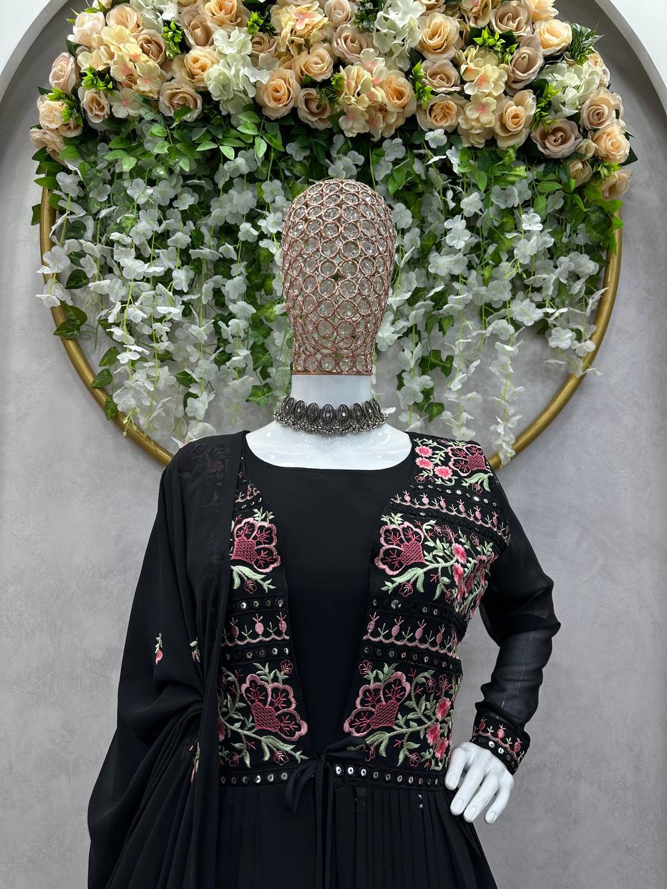 Trending Blck Color Georgette Sequence Work Ready Made Shrug Salwar Suit
