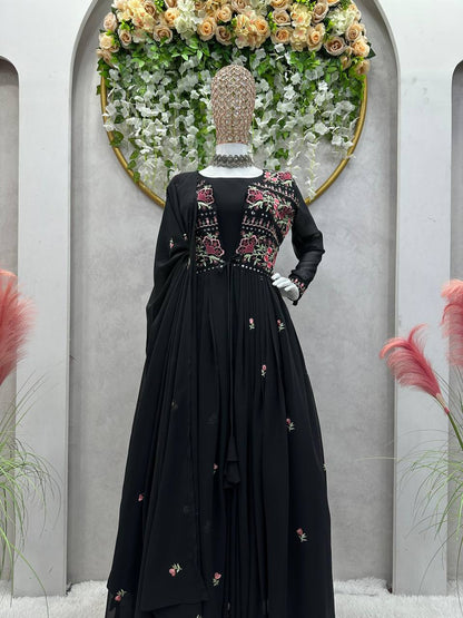 Trending Blck Color Georgette Sequence Work Ready Made Shrug Salwar Suit