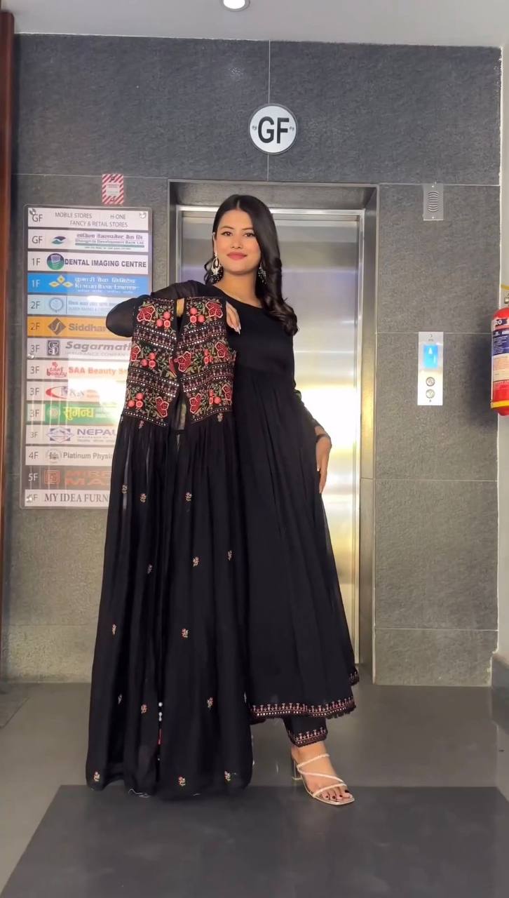 Trending Blck Color Georgette Sequence Work Ready Made Shrug Salwar Suit