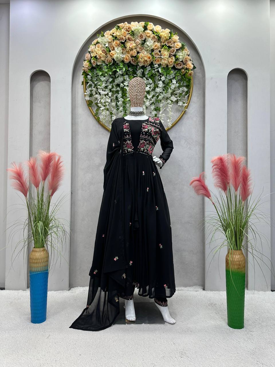 Trending Blck Color Georgette Sequence Work Ready Made Shrug Salwar Suit