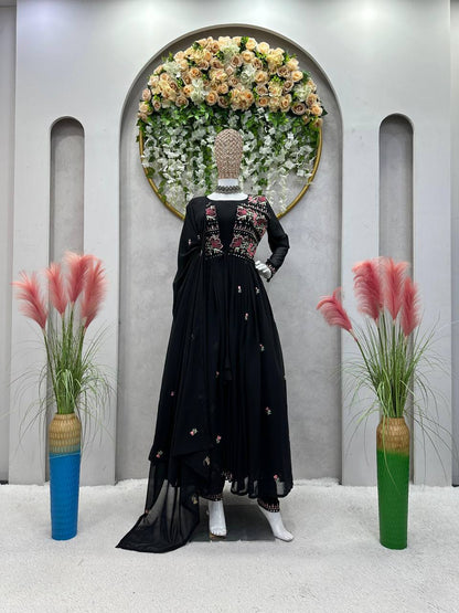 Trending Blck Color Georgette Sequence Work Ready Made Shrug Salwar Suit
