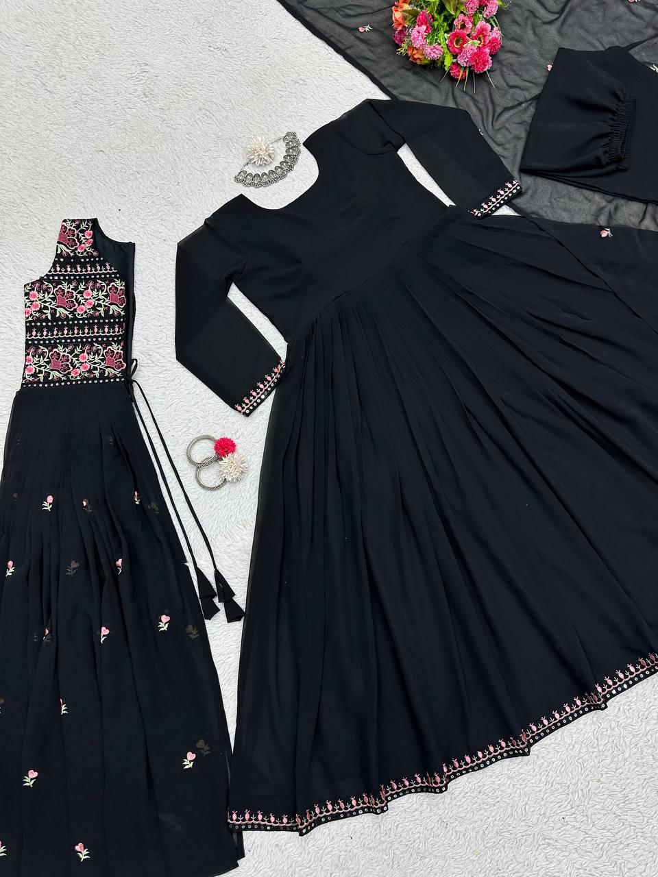 Trending Blck Color Georgette Sequence Work Ready Made Shrug Salwar Suit