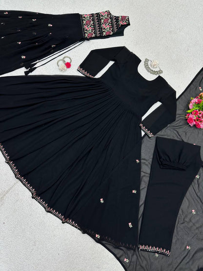 Trending Blck Color Georgette Sequence Work Ready Made Shrug Salwar Suit