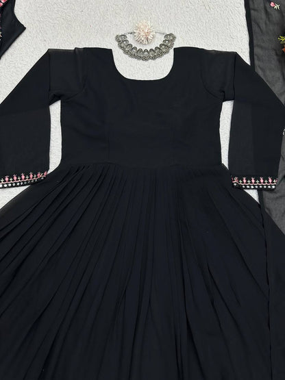 Trending Blck Color Georgette Sequence Work Ready Made Shrug Salwar Suit